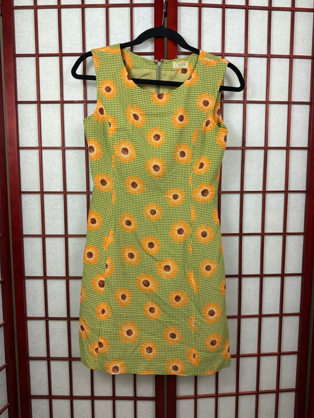 Vintage 60s 70s Green Gingham Sunflower Floral Mod Shift Mini Dress